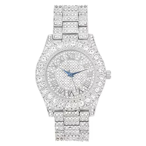 Cross Be (18") Out ZZ Cuban SLV Matching Set Out Set Bracelet 3pc SLV Luxury Charles Choose - - Lit Tennis Raymond & Wristwatch Quartz Necklace Iced Classic Blinged w/Diamond The ST10327RN Mens