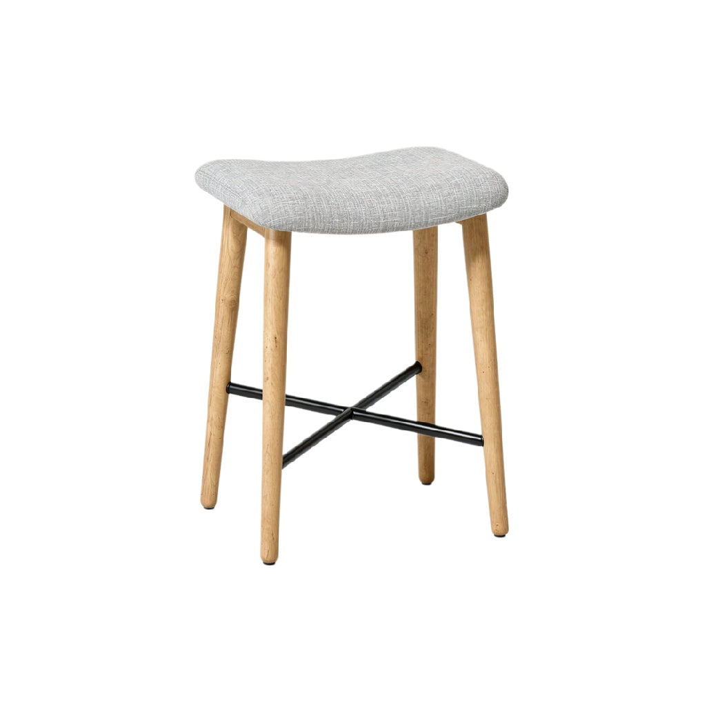 Modern Upholstered Stool with Wooden Legs and Crossbar Support