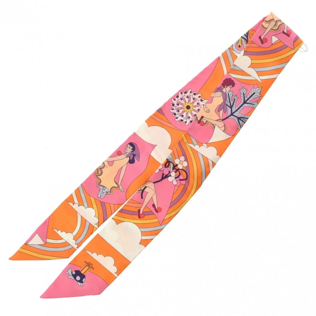Volants HERMES New) Scarf Women's Pre-Owned Silk Twilly - (Like Carres Orange/Rose/Mauve 100% Muffler