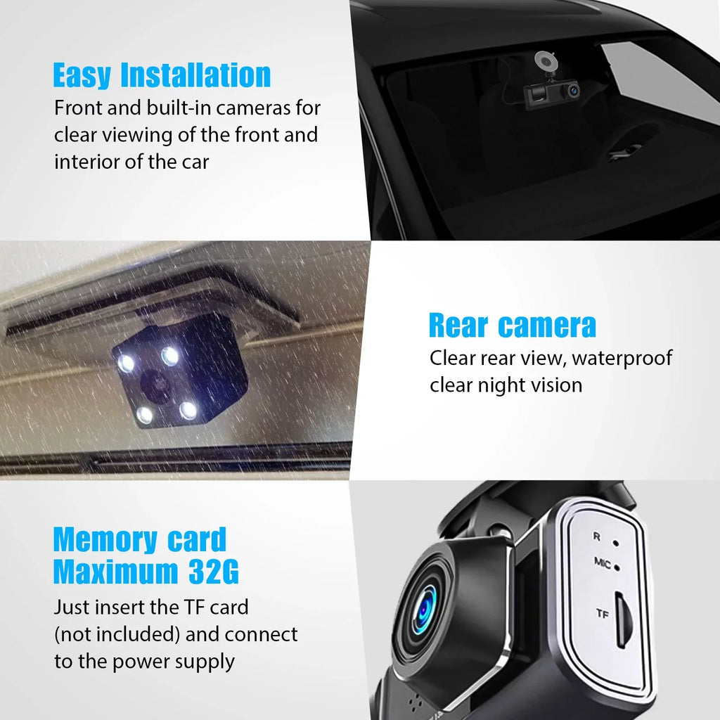 1080P Front Monitor Camera G-Sensor, Cam Cars, Vision, W/IR for Night Camera Car TF Full HD Dashcam Channel Three Card, Recording, Dash Dash Triple Inside Parking Way Rear and Loop 3 W/32GB