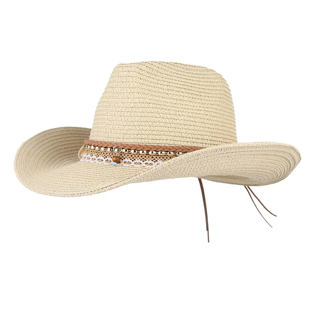 Straw Sun Beige Cowboy Style Hat Packable Brim Floppy Women Trilby Big Western