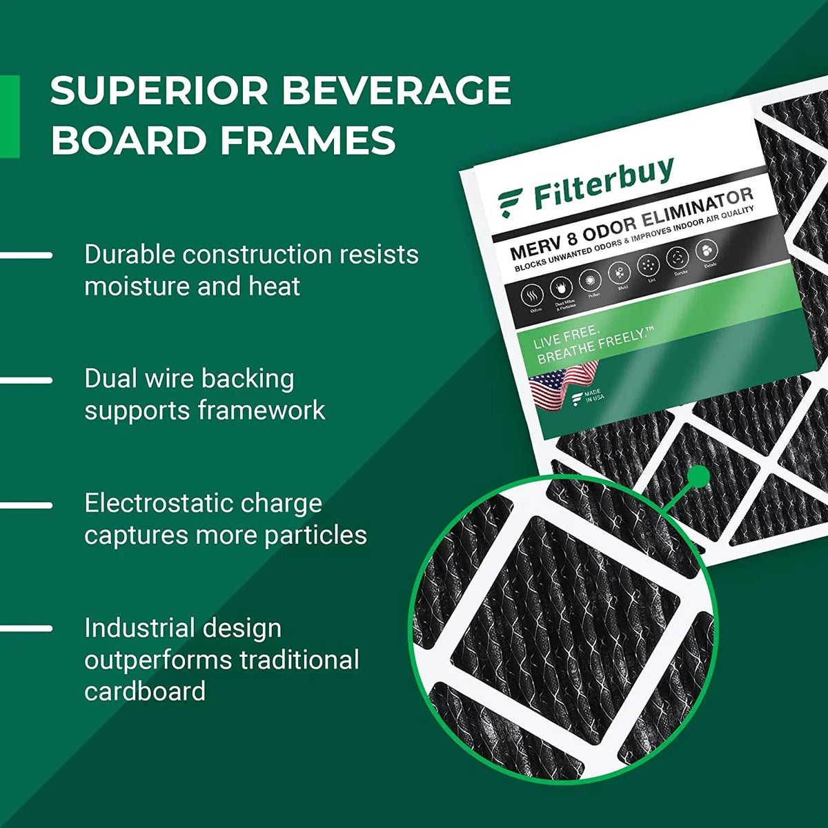 Filterbuy 16x20x1 Filters AC Carbon Furnace Odor MERV 8 (1-Pack) with Pleated Activated Air Eliminator HVAC