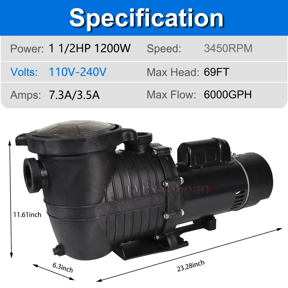 6000GPH, In-ground Max 69FT, Basket Pool w/ Pool Ground Pump, Motor 110V-230V, Water Above Circulation, Strainer and Inground iMeshbean Pool for Swimming Swimming 1.5HP Head