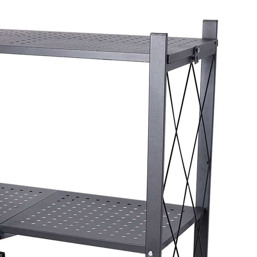 Foldable Storage Metal Rolling Rack Holder Kitchen Cart Wheel with Movable Shelves Trolley Utility Miumaeov 3-Tier (Black)